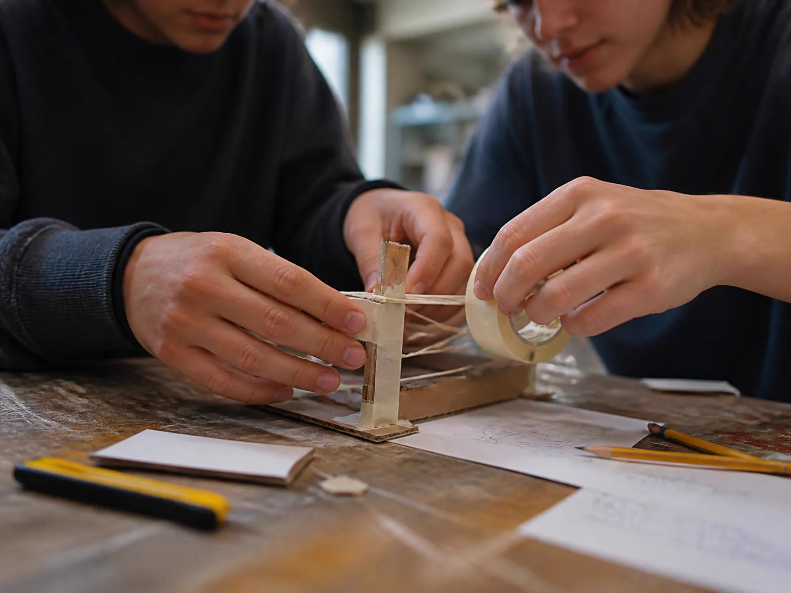 Two students rebuilding a cardboard-and-tape prototype by hand
