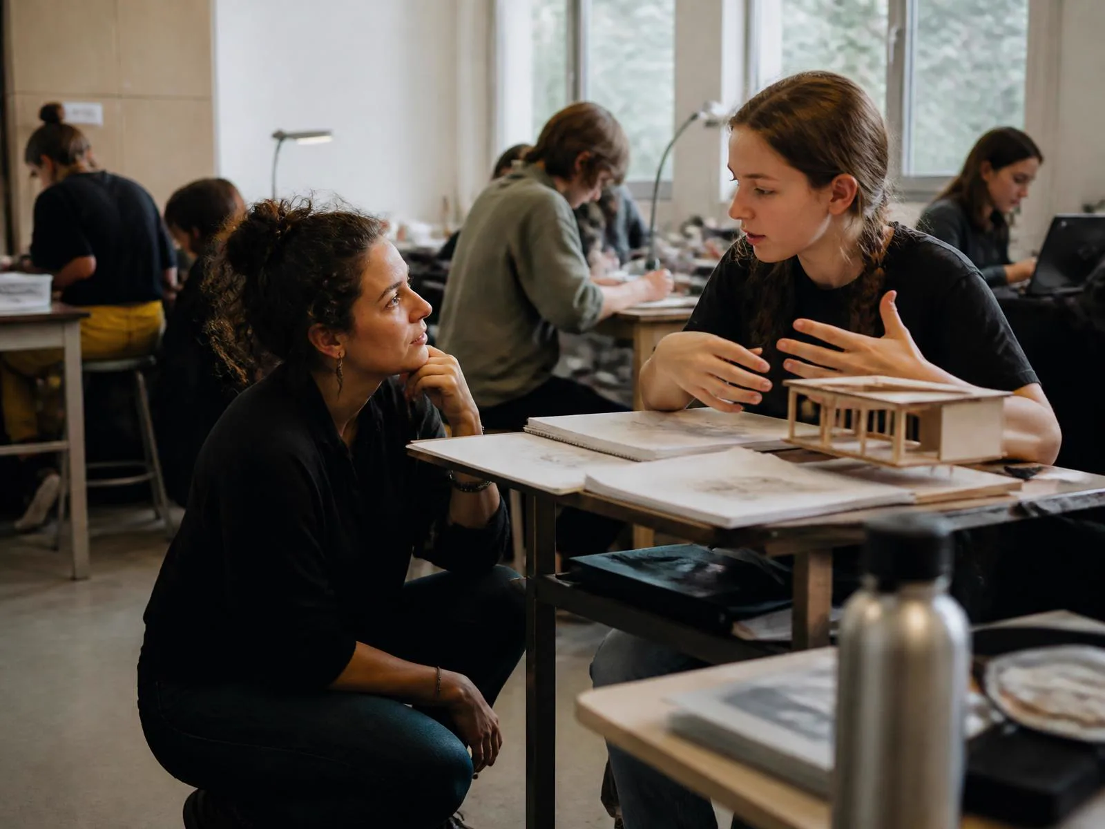An educator kneeling beside a desk, listening as a student explains her model