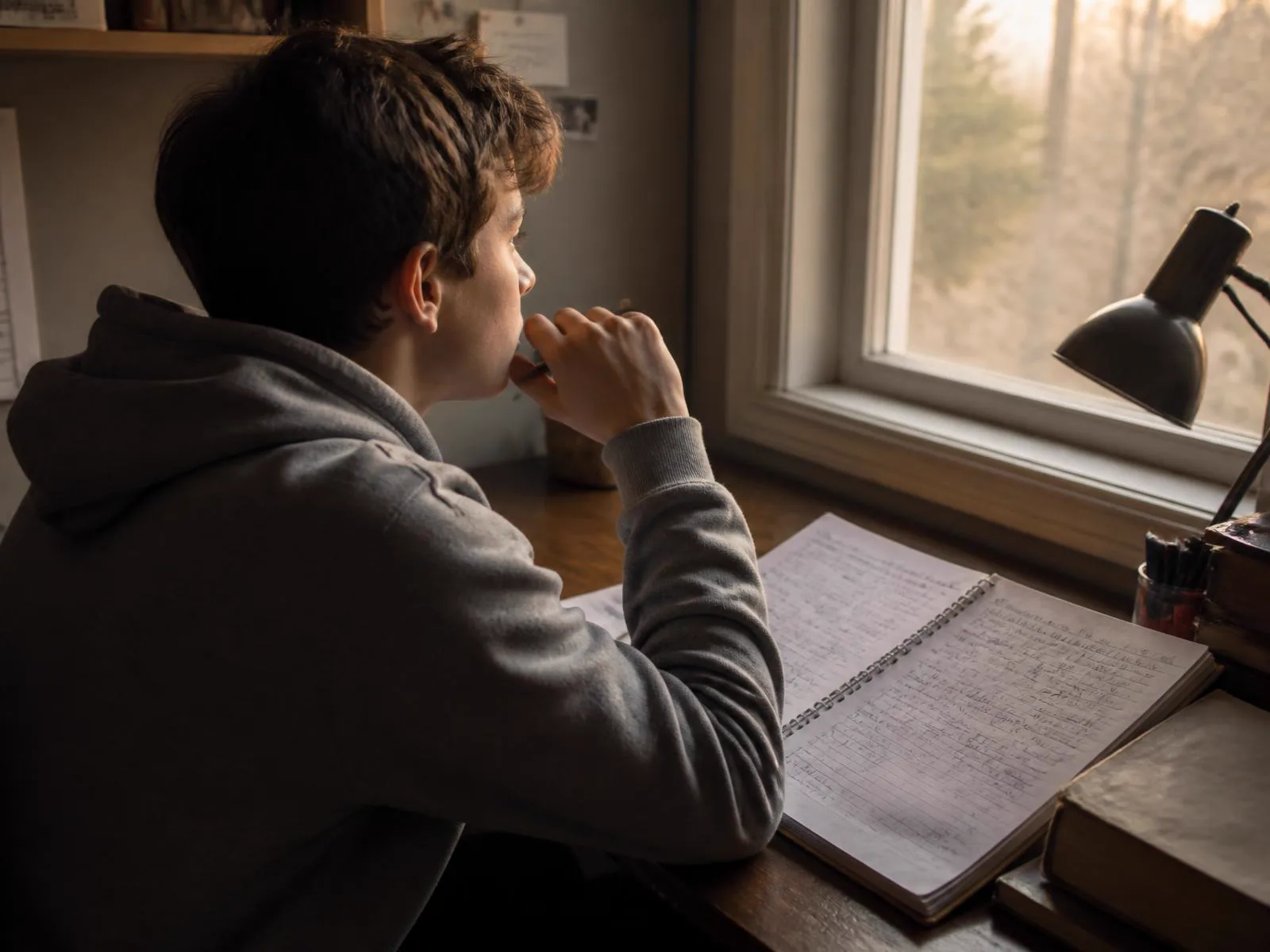A student reworking a notebook of crossed-out calculations after a failed attempt