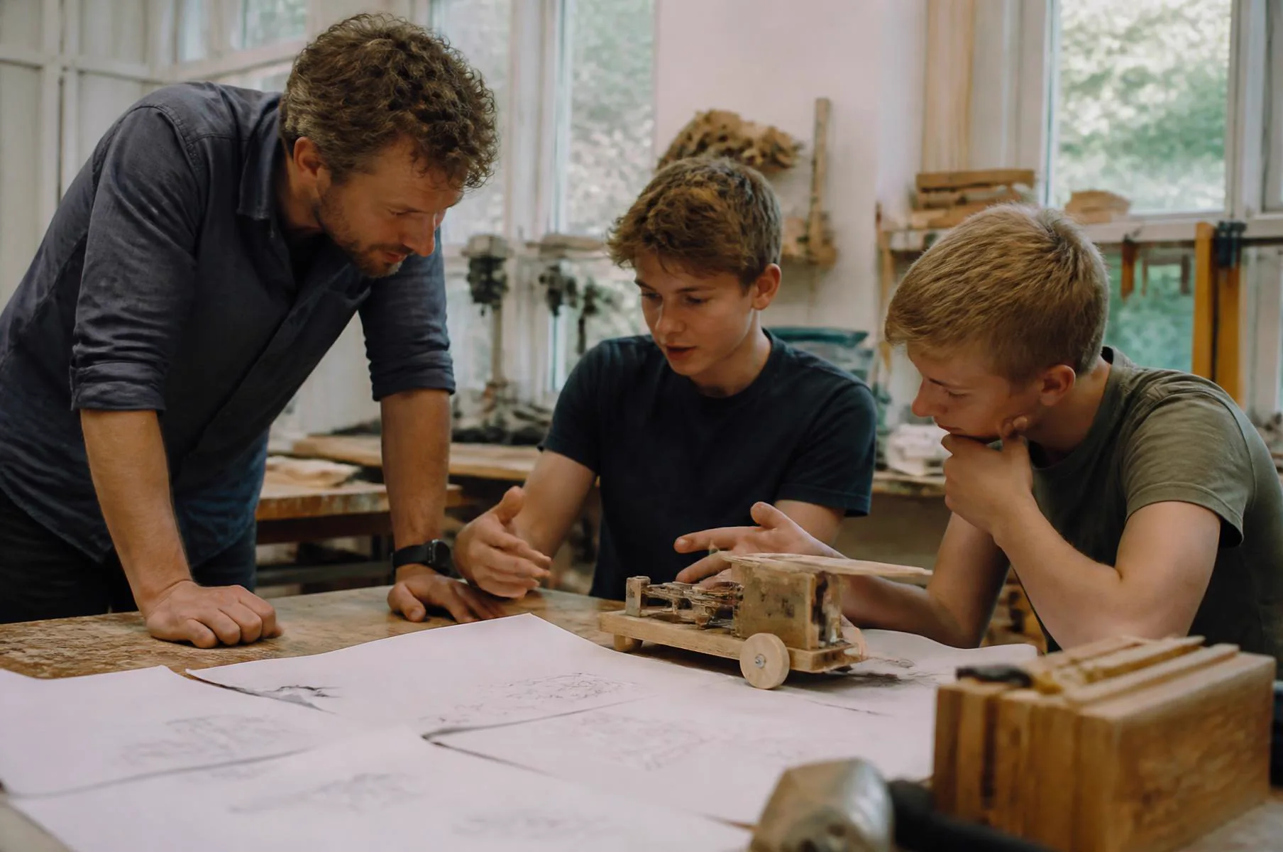 An adult mentor and two students examining a handmade prototype together