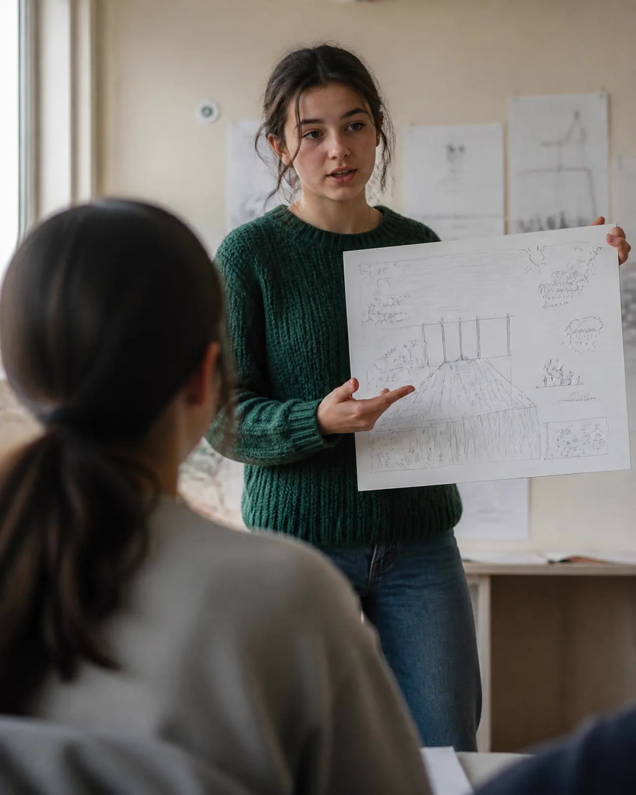 A student presenting her hand-drawn idea to her peers, mid-sentence
