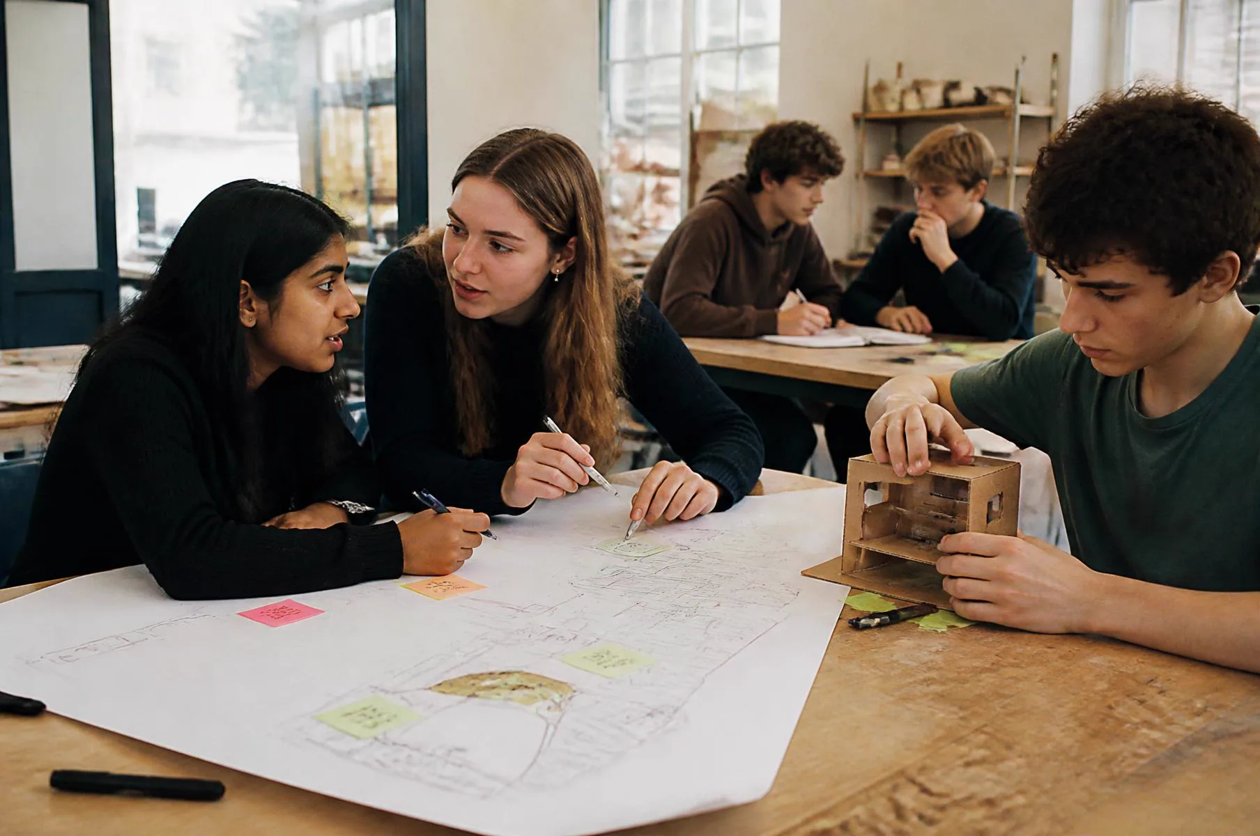 A SOCH cohort mid-experiment — two students mapping a business model while another tests a prototype
