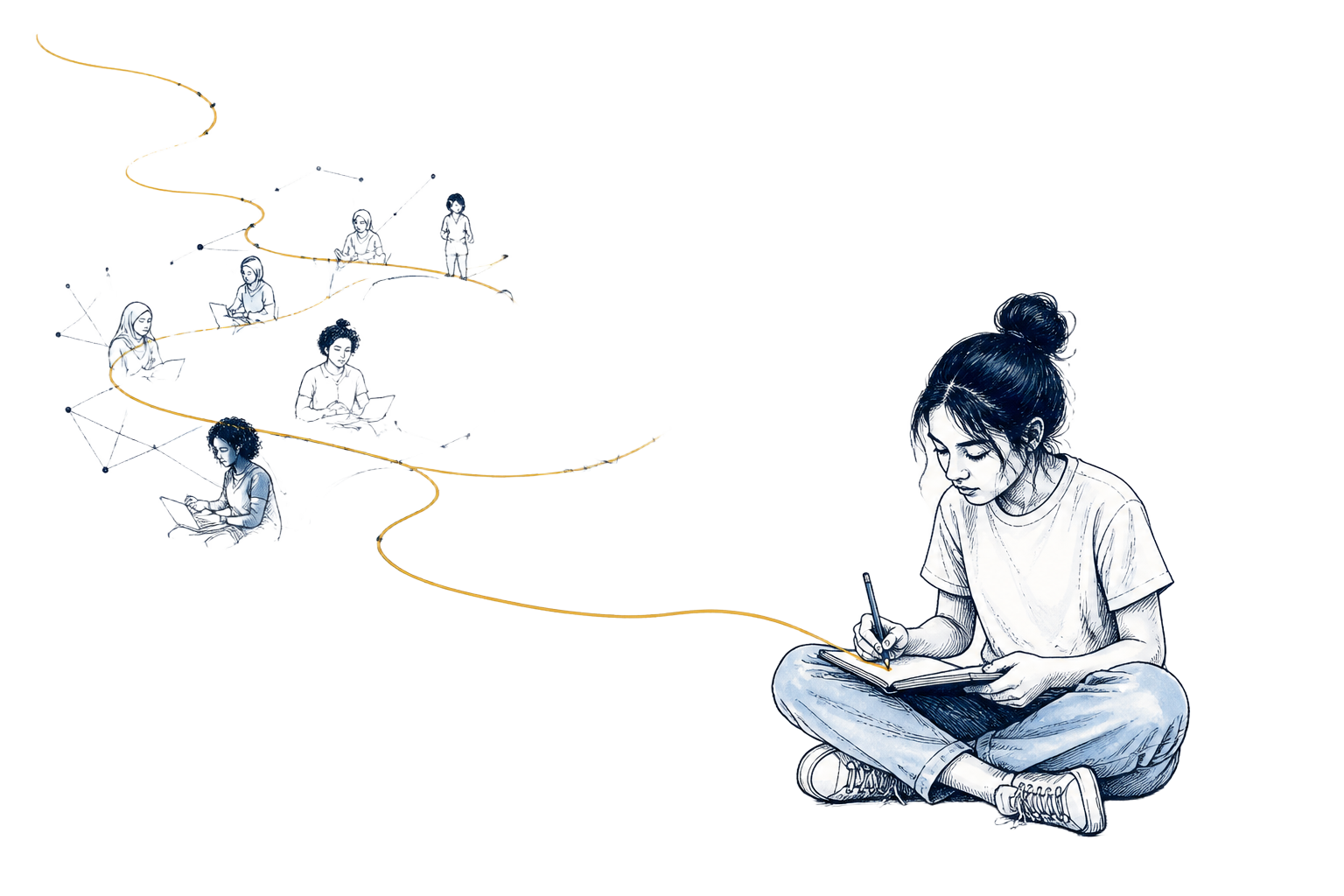 Ink-and-wash illustration of a young person developing an idea in her notebook as a hand-drawn path expands outward into new people, places and possibilities