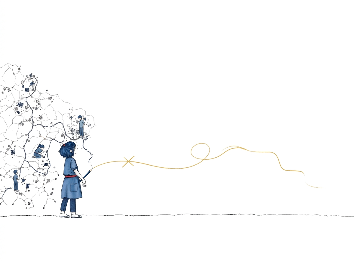 A young person reaches the edge of an abstract hand-drawn map and begins drawing a new path into open space.