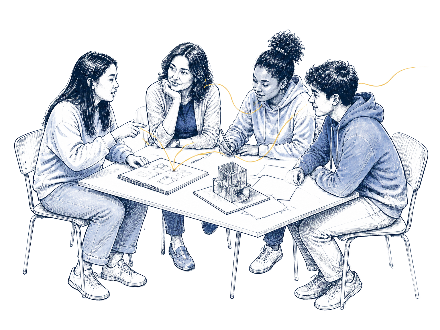 An educator listens as young people develop and discuss an idea together around a shared table.