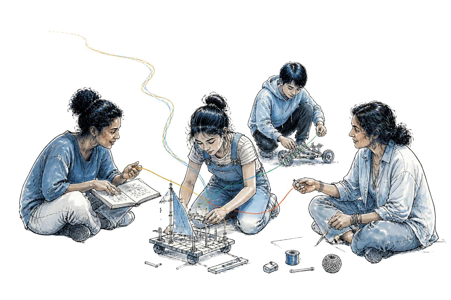 Young people, educators and partners contribute ideas and skills to a shared project, connected by a hand-drawn line that remains open for another contribution