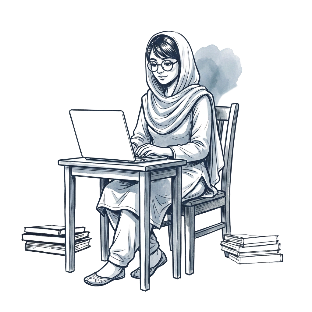 Hand-drawn ink illustration of a female student working intently on a laptop, a muted blue wash behind her