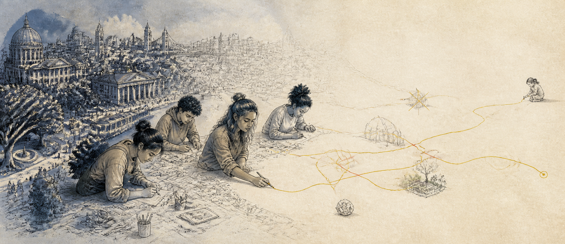 Young people begin drawing and building into an unfinished illustrated world, extending their ideas into open space.