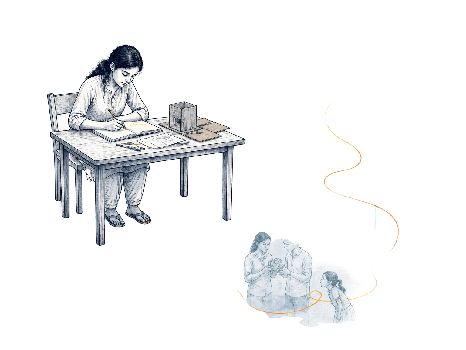 A young girl works quietly on an idea while her reflection reveals expanding possibilities and the influence her ideas may have on others