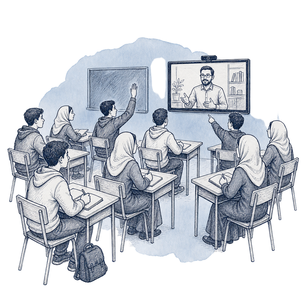 Palestinian students in a classroom learning entrepreneurship remotely through a large screen with an instructor