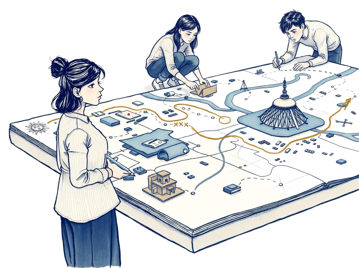 Young people work through an unfinished problem, testing different paths and revising ideas when an approach doesn't work.