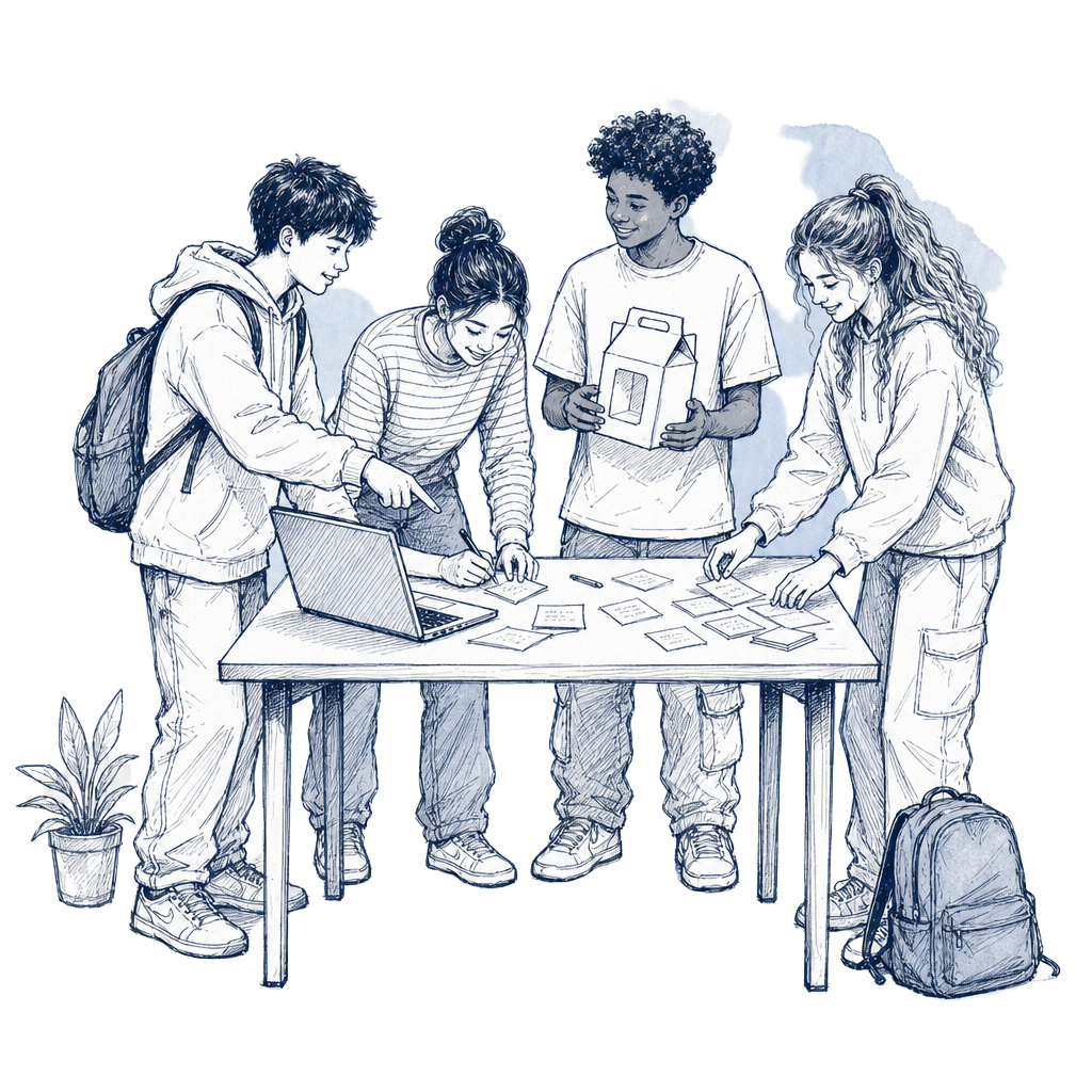Illustration of four students collaborating around a table to build a small business, with a laptop, sticky notes, and a product prototype