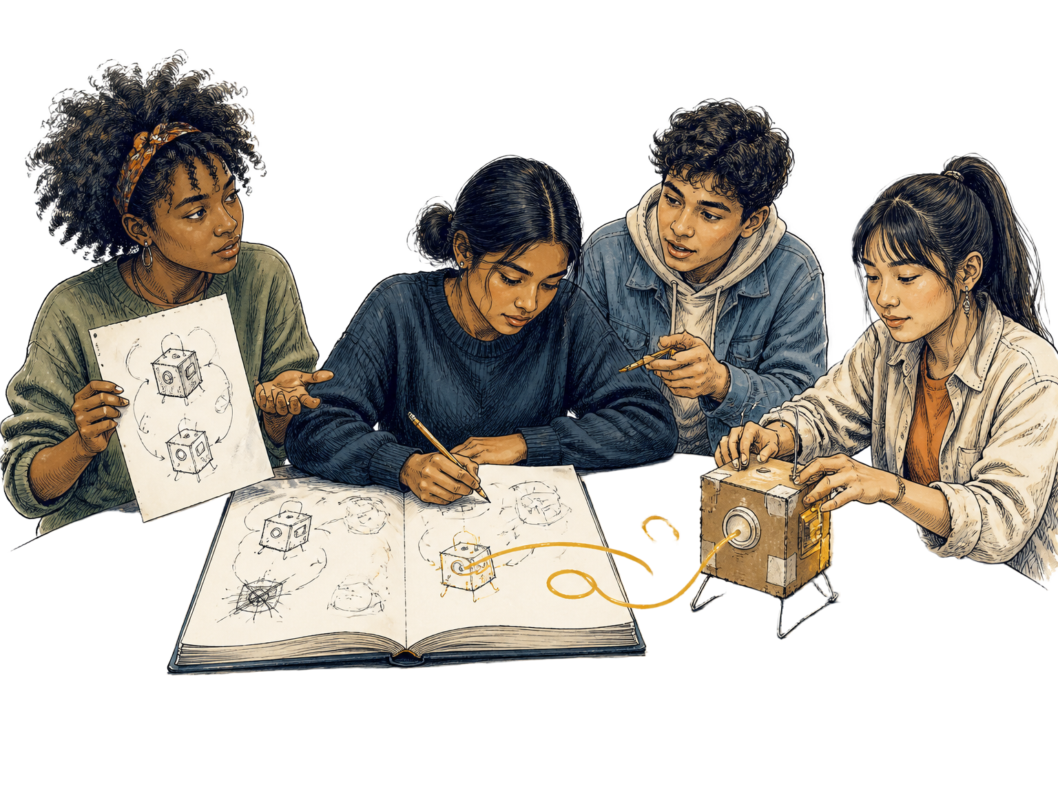 A small group of young people turns a notebook sketch into an early prototype, testing and revising the idea together.