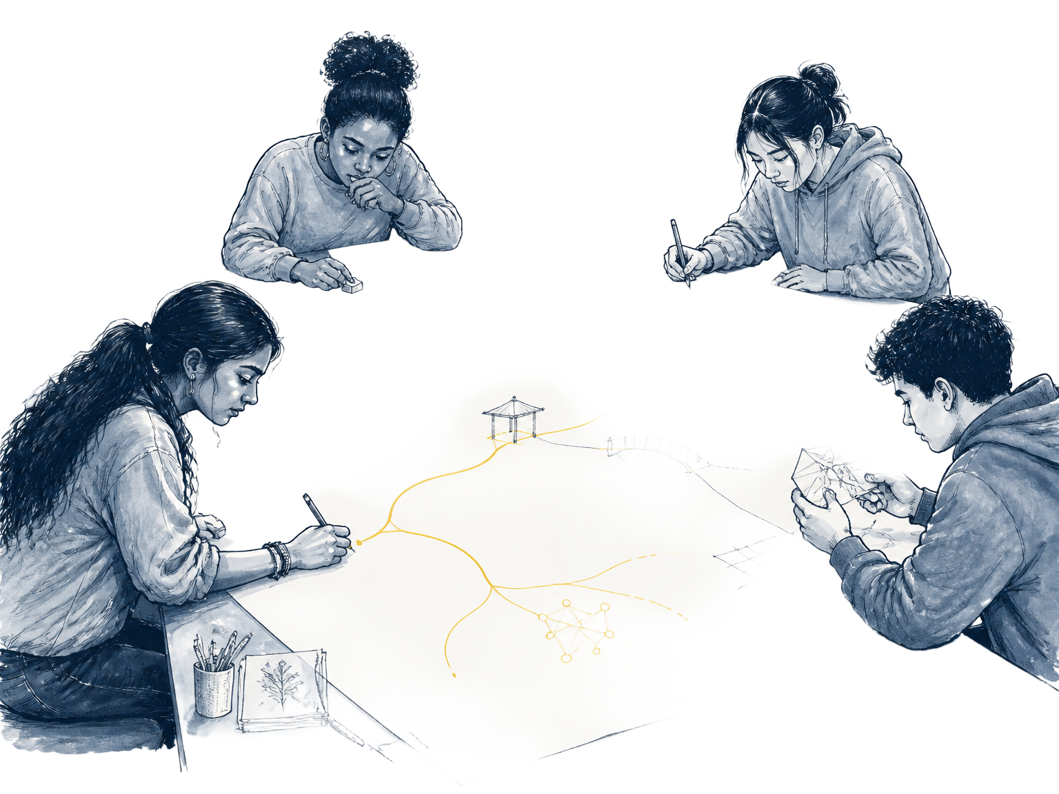 Young people begin sketching and developing different ideas across an open working surface, with unfinished lines suggesting multiple possibilities.
